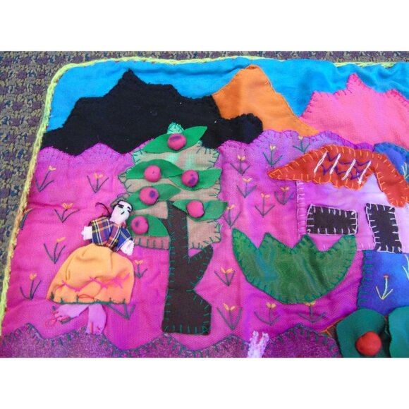 '71 Peruvian Mercado Market Tapestry Handcraft Appliqué Folk Art Peru Arpillera - Picture 2 of 10